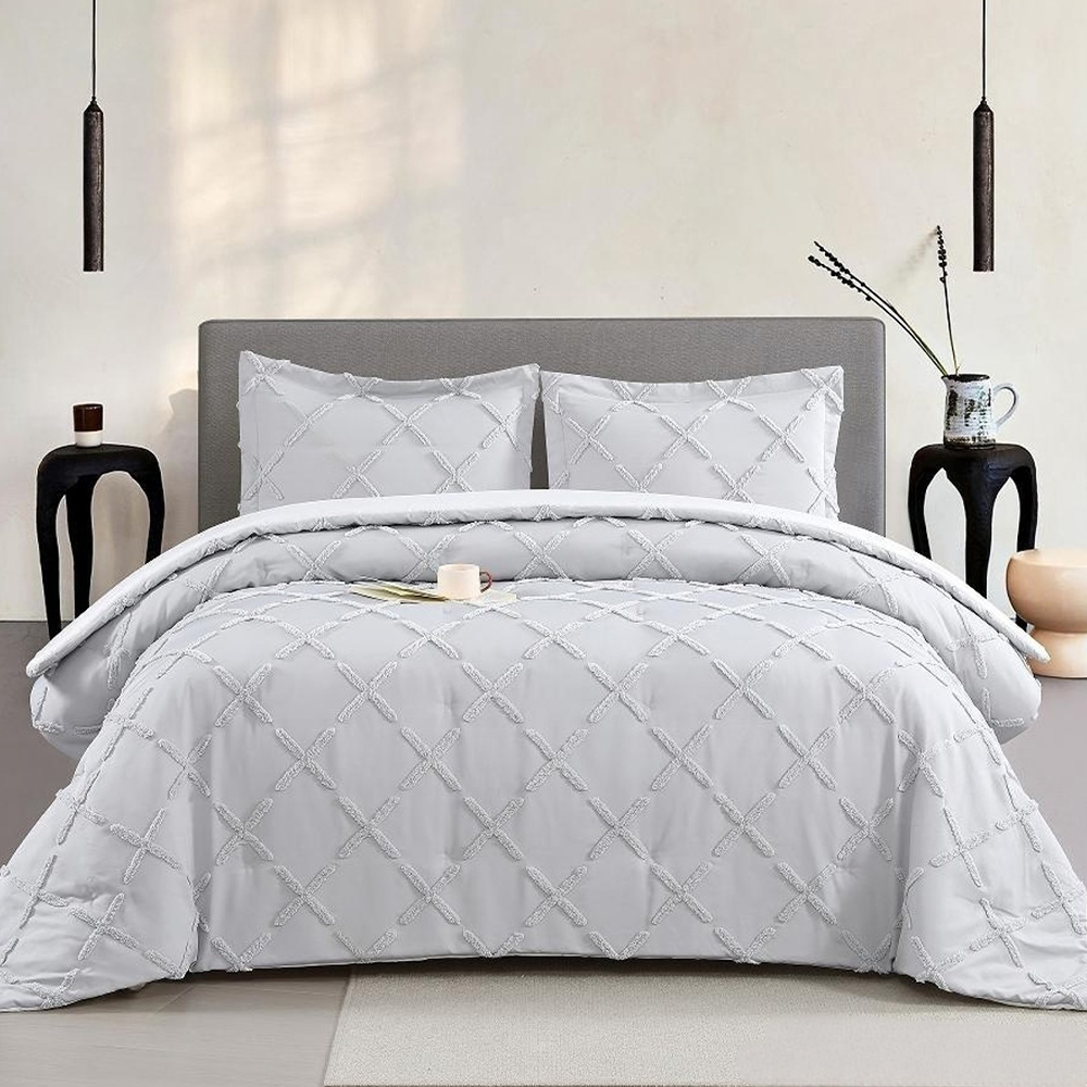 Serene Bettbezug-Set mit geometrischem Rüschenmuster, getufteter Chenille-Stickerei, Bettwäsche-Set