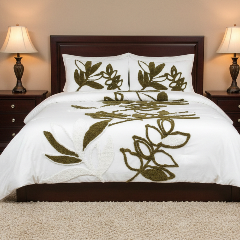 Gia Botanical Leaf Getufteter Chenille-Stickerei-Bettbezug, Bettbezug-Set, Bettwäsche-Set
